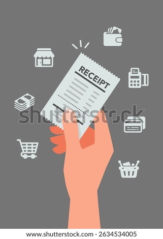 Flat illustration of a hand holding a shopping receipt surrounded by retail, banking, and digital payment symbols.