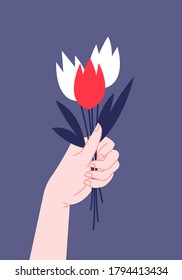 Ilustración plana de una mano con tres flores en Bielorrusia con los colores de la bandera nacional, rojo y blanco. Libertad para Bielorrusia