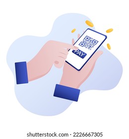 Flache Illustration von Hand, die Touchscreen Handy hält. Erfolgreiche QR-Codesuche zur Zahlung. Vektor EPS10