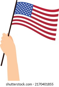flat illustration, hand holding united states flag, 4th of july.