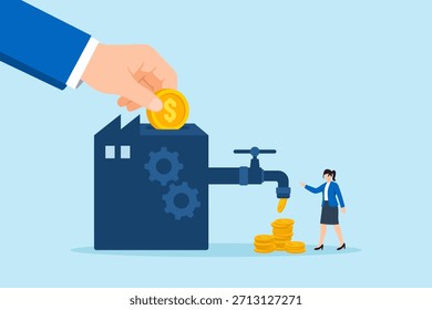 Ilustração plana de mão inserindo moeda na máquina de fábrica produzindo mais dinheiro simbolizando o retorno de investimento, lucro de negócios e crescimento financeiro