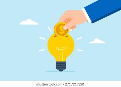 Ilustração plana de mão inserindo moeda na ideia de lâmpada simbolizando investimento inovação financiando criatividade e crescimento de ideias