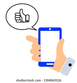 Flat illustration of a hand with a mobile phone from which exit signs and icons of approval