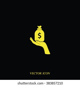 Flat illustration with hand and money bag. Money making. Bank deposit.  Financials.