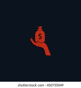 Flat illustration with hand and money bag. Money making. Bank deposit.  Financials.