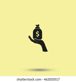 Flat illustration with hand and money bag. Money making. Bank deposit.  Financials.