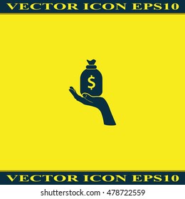Flat illustration with hand and money bag. Money making. Bank deposit.  Financials.