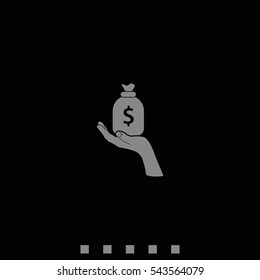 Flat illustration with hand and money bag. Money making. Bank deposit.  Financials.