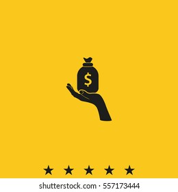 Flat illustration with hand and money bag. Money making. Bank deposit.  Financials.
