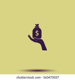 Flat illustration with hand and money bag. Money making. Bank deposit.  Financials.