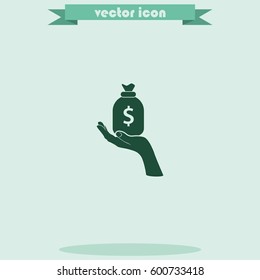 Flat illustration with hand and money bag. Money making. Bank deposit.  Financials.