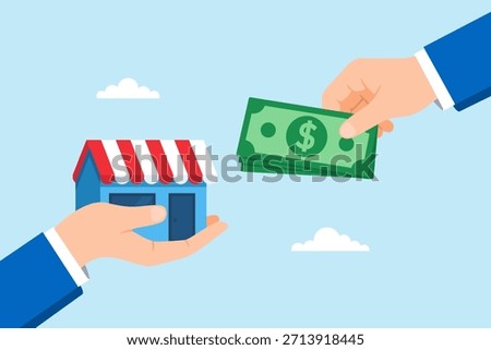 Flat illustration of hand offering money in exchange for storefront symbolizing business investment franchise buying entrepreneurship and small enterprise acquisition