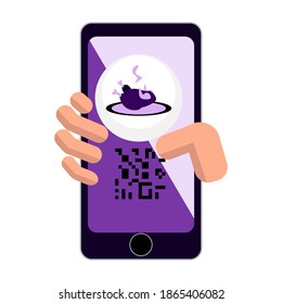 Ilustración plana de mano con servicio de entrega de alimentos en el sitio abierto por teléfono con código Q.Concepto