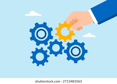 Ilustración plana de la mano que coloca el equipo importante para completar el sistema que simboliza la optimización de la estrategia, el liderazgo del trabajo en equipo y la resolución de problemas