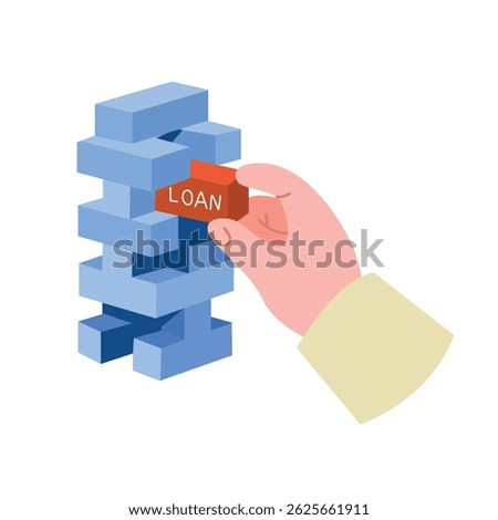 Flat illustration of a hand pulling a loan block from a tower of blocks, representing financial risk, loan management, or economic instability in a modern stylized concep