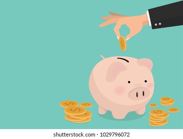 ilustração plana Mão colocando moeda um conceito de economia de dinheiro Piggy bank de crescimento