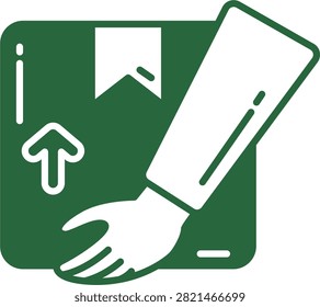 Flat illustration of a hand receiving a delivery package box with shipping arrow icon