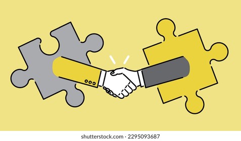 Flat illustration of a hand shaking hands with a puzzle, matching image, vector