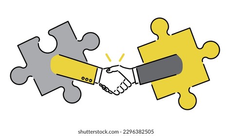 Ilustración plana de una mano sacudiendo las manos con un rompecabezas, imagen coincidente, vector