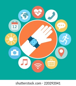 Flat illustration of hand with smart watch and technology functions