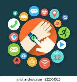 Flat illustration of hand with smart watch and technology functions