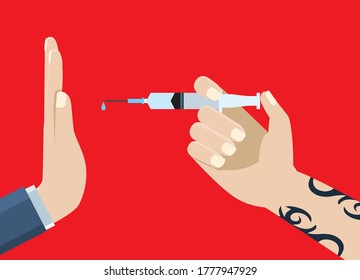 Flat Illustration: Illustration of a hand that refuses drug injection | Image of drug prevention
