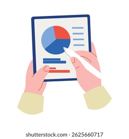 Flat illustration of hands analyzing a pie chart on a digital tablet with a stylus