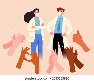 Flat Illustration Of Hands Clapping And Making A Heart Gesture To Doctors And Nurses. Concept Of Thanking Medical Workers For Their Hard Work During Covid Pandemic.