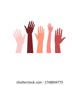 Flat illustration of hands of different colors holding up together. Solidarity protest. Unity concept