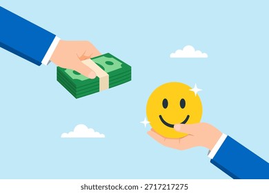 Ilustración plana de manos intercambiando dinero por cara de emoji sonriente que simboliza la satisfacción de compra y el valor emocional