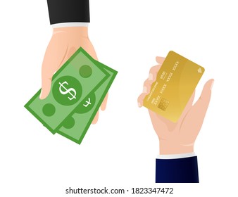 Ilustración plana con las manos devolviendo dinero. Diseño web. Tarjeta de visita. Concepto de pago en línea. Ilustración vectorial.