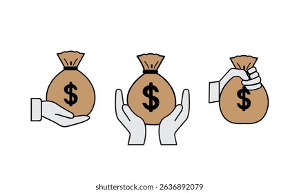 Flat illustration of hands holding or giving a money bag with dollar sign