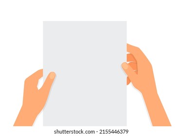 Flat illustration of hands holding a sheet of paper with place for text on a white background. Mockup notice. Read letter. Vector template for articles, brochures and your design. Eps 10