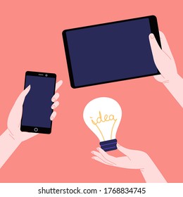 Flat illustration of hands holding smartphone laptop and idea light bulb