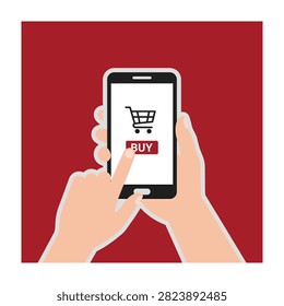 Flat illustration of hands holding a smartphone displaying an online store interface with a shopping cart and buy button, representing mobile commerce.