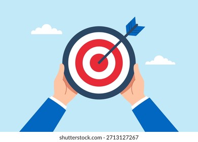 Ilustração plana de mãos segurando o alvo com seta batendo bullseye simbolizando a realização do objetivo precisão sucesso foco e planejamento estratégico