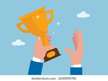 Flat illustration of hands holding a trophy cup as a symbol of success, achievement, and victory in business or competition