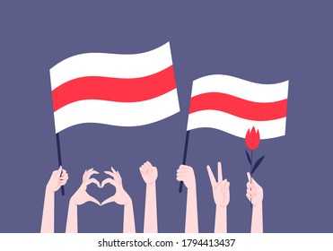 Flache Illustration von Händen, Händen, die die weißrussische Oppositionsflagge halten, Hand, die eine rote Blume hält, Hände, die Herz machen und Siegesgestik. Freiheit für Belarus