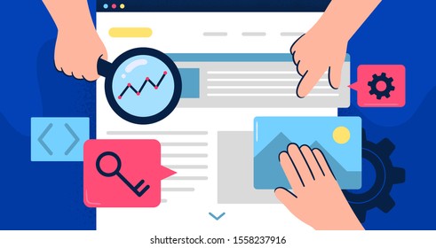Flat illustration with hands and many objects like key, magnifying glass, gear and other. Good for banners, ads, landing pages or other web promotion issue.