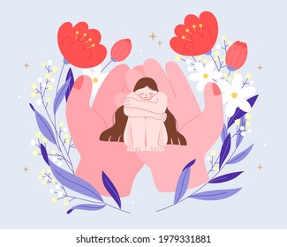 Flat Illustration Of Hands Supporting A Sad Lonely Woman To Help Overcome Her Depression And Anxiety. Concept Of Healing The Inner Child And Treatment For Mental Health Issue.