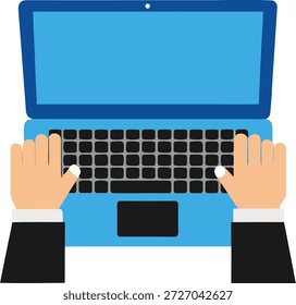 Ilustración plana de las manos que escriben en un teclado azul del ordenador portátil, concepto del negocio de la vista superior