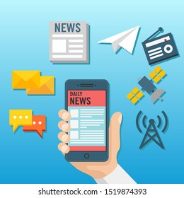 Flat illustration the hands of a user who is reading news from a smart phone. Viral news search through online information technology. Information technology graphic resources 