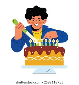 A flat illustration of happy boy decorating cake 
