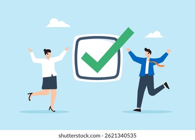 Ilustração plana de pessoas de negócios felizes celebrando grande marca de seleção simbolizando a tarefa concluída projeto sucesso trabalho em equipe e realização