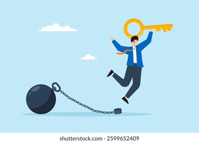 Flat illustration of happy businessman hold golden key after unlocking burden chain symbolizing debt freedom