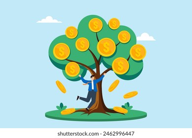 Ilustración plana de un hombre de negocios feliz saltando por el árbol de dinero que cae monedas de oro inversiones crecimiento natural