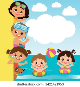 Flat Illustration Happy Children Vector Banner With Space For Text. Hello Summer Boy And Girl Frame. Group Of Children Play On The Beach.