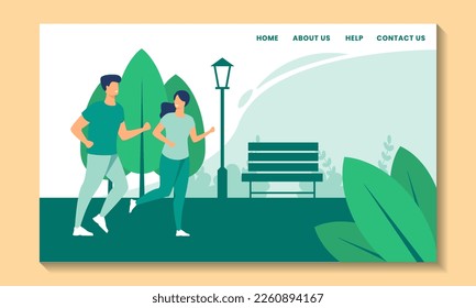 Ilustración plana de una pareja feliz trotando en el parque. Es adecuado para los fondos de la página de aterrizaje, sitios web, tarjetas de felicitación, banners, salud y otros.
