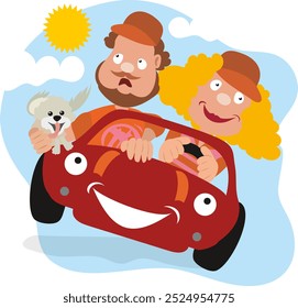 Flat illustration of a happy couple in a small car taking their dog for a ride in their small car