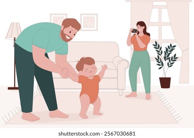 Flat illustration of happy dad helps his son take his first steps holding his hand while mom takes a photo of this exciting moment.